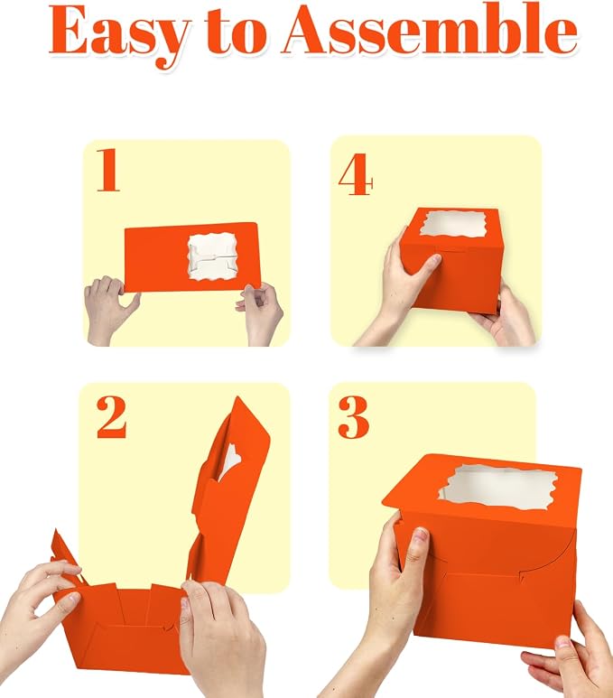 Bakepacker 36pcs 6x6x5 Inches Cake Boxes with Window 18-Packs Orange 6 Inch Bakery Boxes (18 Cake Boxes +18 Cake Boards Included)