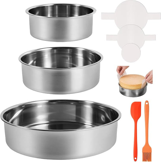 4 6 8 Inch 3-Piece Round Cake Pan Set with 150 Parchment Paper Liners, Stainless Steel Baking Pans with Handles, Includes Silicone Brush & Spatula, Layer Cake Baking Set for Cheesecake, Birthday Cake