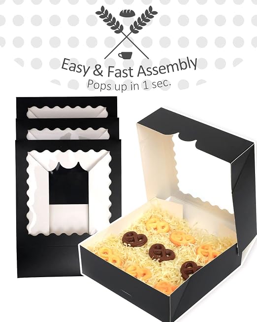qiqee Auto-pop up Black Bakery Boxes 50 Packs Pastry Box 8x8x2.5 inch Pie Boxes With Window