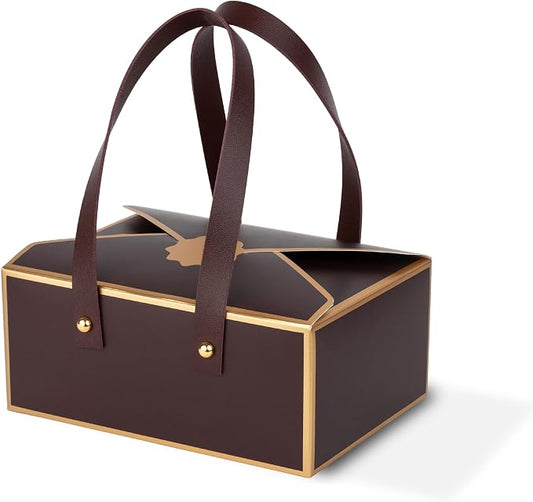 Hammont Cookie Boxes for Gift Giving - 4 Pack of Bakery Boxes, Easy to Assemble Decorative Cardboard Luxury Box with Faux Leather Handle Jewelry, Chocolate and Candy 5x7x3 Inches (Maroon) (HM1780)