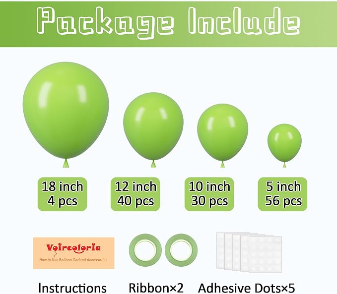 Voircoloria 130pcs Lime Green Balloons Different Sizes 18" 12" 10" 5" Light Green Balloons for Birthday Dinosaur Baby Shower St. Patrick's Day Summer Jungle Forest Safari Party Decorations