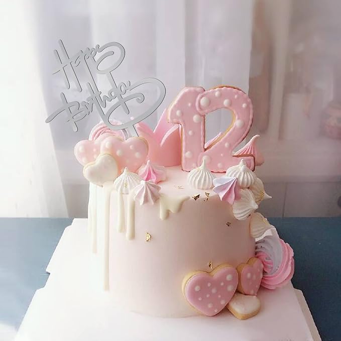 10 PCS Silver Happy Birthday Cake Topper Acrylic Cupcake Topper Birthday Supplies Decorations
