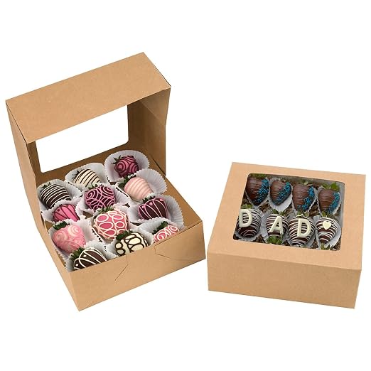 NPLUX 8x8x3 inch Kraft Cookie Boxes Candy Boxes with Window for Chocolate Covered Strawberry Donut Breakable Heart Baked Goods, Graduation Gifts Party Favors(30 Pack,Brown)