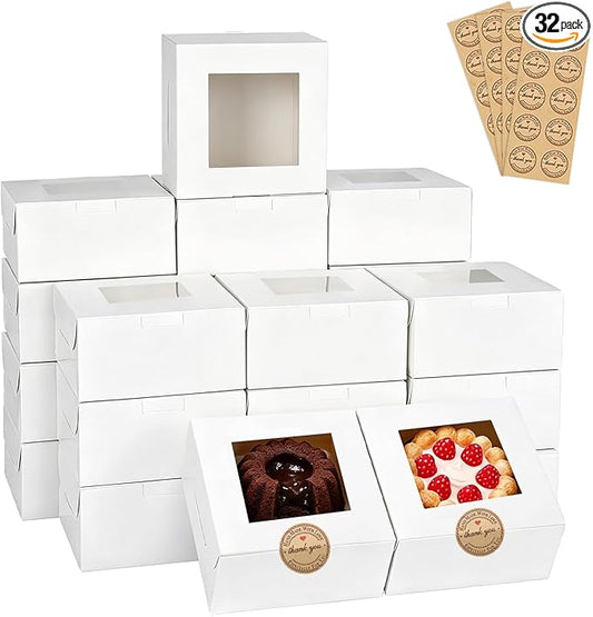 Homrelaxy 32 Pcs White Bakery Boxes with Window - 6x6x3 Inches Cardboard Cookies Boxes with Stickers for Macaroon, Pastries, Donuts, Cupcakes, Cookies and Chocolate Strawberries