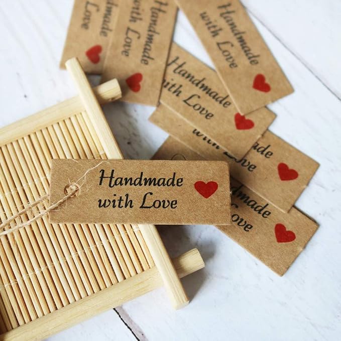 200 Pieces Handmade with Love Tags Handmade Tags Kraft Paper Handmade with Love Tags with 65.6 Feet Natural Jute Strings Brown