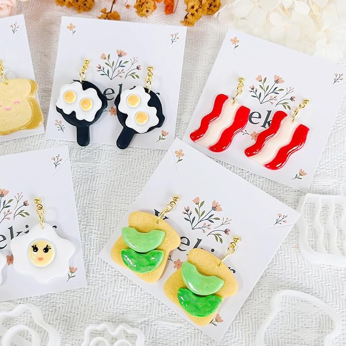 Xaekicr 8Pcs Breakfast Theme Polymer Clay Cutters Set – Toast, Bacon, Egg Shapes | Fun Clay Earring Cutters | Polymer Clay Molds for Jewelry Making | Clay Tools for DIY Crafts