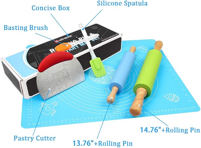 1Set Rolling Pin Pastry Mat Set Non-Stick 6 in 1 Dough Roller Baking Kit with Pastry Cutter Reusable Kneading Mat Scraper Basting Brush