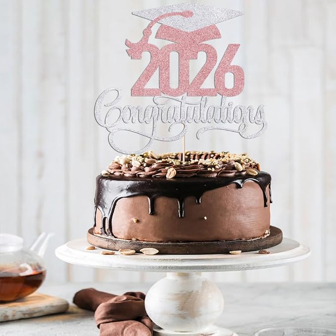 Silver Rose Gold 2026 Congratulations Graduation Cake Topper,Congrats Grad Cake Decor - 2026 High School/College/Senior Graduation Party Decorations Supplies