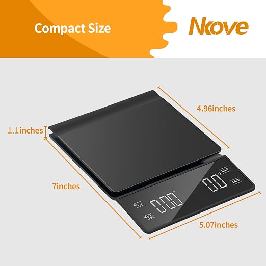 NKOVE Digital Coffee Scale with Timer, 3kg/0.1g High Precision Espresso Scale, Tare Function, 99‘59“ Max Count-Up, 3 Units (g/oz/ml), Battery Powered, Waterproof, Backlit LED for Pour Over & Espresso
