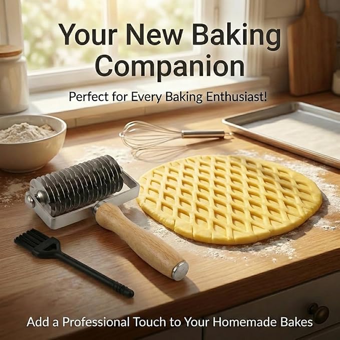 Grid Roller Cutter for Pastry, 304 Stainless Steel Blade with Ergonomic Wooden Handle, Includes Cleaning Brush, Pastry Tool for Pie, Wellington, Pizza & More(COLOR:Silver)