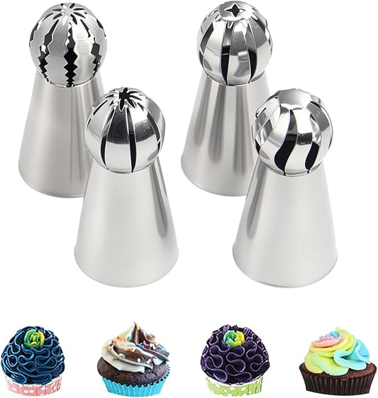 Russian Ball Piping Tip Set, 4-Piece Stainless Steel Cream Nozzles, Baking Tools Suitable for Ice Cream, Cookies, Cupcakes, and Cake Decorating