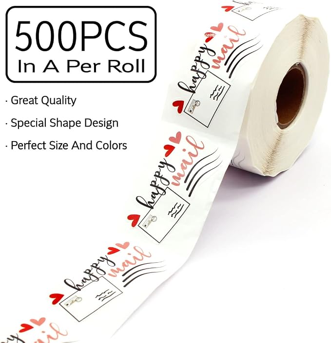 Happy Mail Handmade Stickers - Thank You & Envelope Stickers for Small Business & Online Retailers - 500 Labels Per Roll