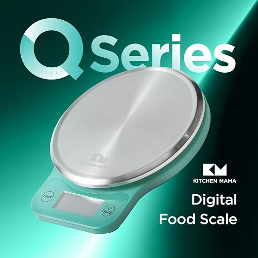 Kitchen Mama Q-Series Digital Food Scale, Teal | 13.2 lb / 6000g Capacity, 1g Precision, Tare Function, Stainless Steel Platform, LCD Display