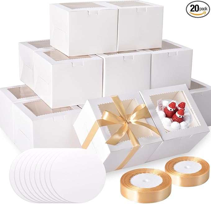 KPOSIYA 40pcs 6x6x5 inch Mini Cake Boxes with Cake Boards (20 Boxes & 20 Boards), 6 inch Small Cake Boxes with Lids，Cajas de mini pastel Bakery Boxes with Window for Christmas Thanksgiving