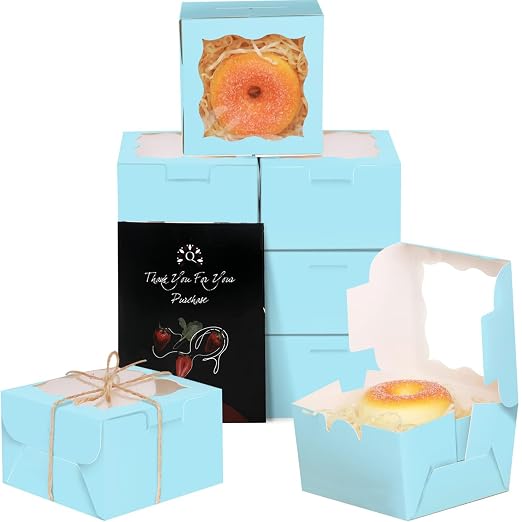 qiqee Light Blue Bakery Boxes with Window 55pcs 4x4x2.5 Mini Cookie Boxes Macaron Boxes Small Donut Pastry Boxes for Party