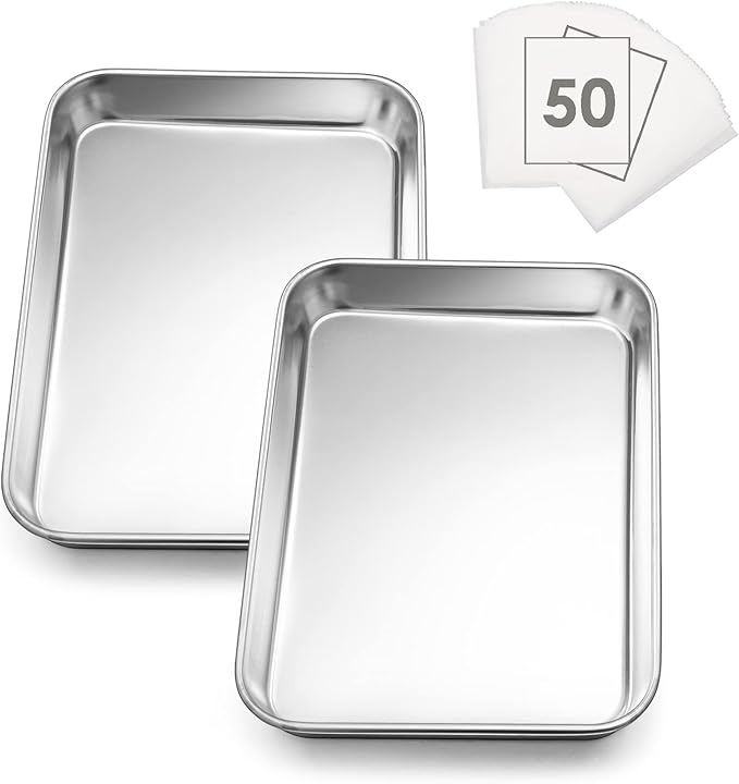 Small Baking Sheet Set of 2, E-far 10.5”x8.3” Stainless Steel Cookies Sheet Pan for Toaster Oven with 50 Parchment Paper, Rectangle Baking Tray for Cooking, Rust Free & Heavy Duty, Dishwasher Safe