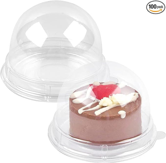 TOFLEN Mini Dessert Containers with Dome Lids, 100Pcs Clear Plastic Individual Ore Cookie holder, Small Cake Box for Mini Cupcake, Cocoa Bomb, Strawberry, Cheesecake and Mooncake (Clear Base)