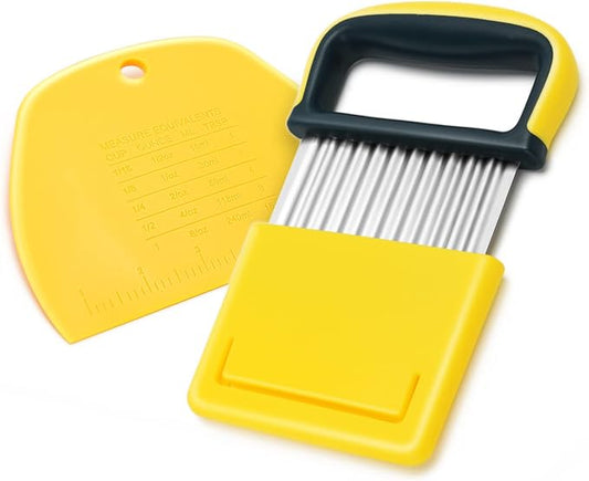Vegetable Chopper - Stainless Steel Blade Crinkle Cutter/Wavy Knife Veggies French Fry Slicer and Plastic Dough/Cake Scraper,2 piece (Yellow)