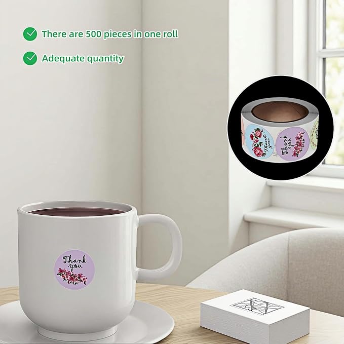 500pcs Floral Thank You Stickers Roll,1 Inch Circle Gift Seals for Packaging, 8 Patterns,Pink Rose Design,Bakery,Cards,Envelopes-Waterproof Adhesive Labels (Pink)