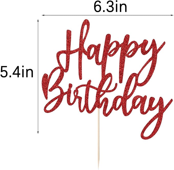 LVEUD Glitter Happy Birthday Cake Topper, Red, 1 Count, 8 Inches x 7 Inches, Glamorous Style, Suitable For Party Decoration, Birthday Occasion