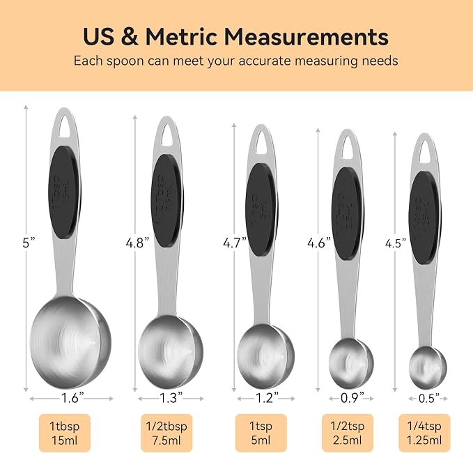 LEIFENY Magnetic 18/8 Measuring Spoons Set of 5, 304 Stainless Steel Measure Spoon for Baking & Cooking, Stackable Metal Kitchen Gadgets Essentials