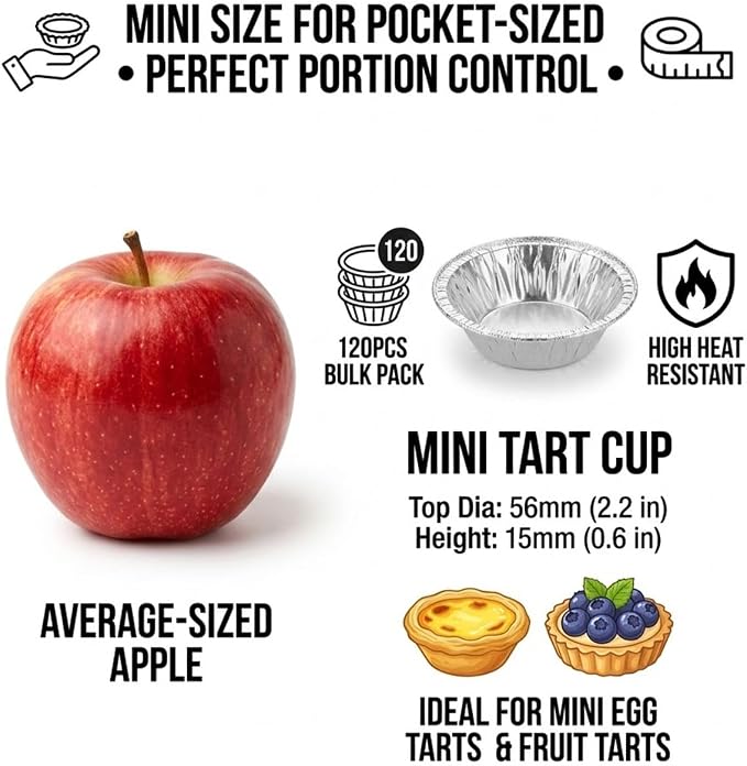 2.2" Mini Aluminum Foil Tart Pans (120 Pack), Small Baking Cups Disposable Foil Liners for Egg Tarts, Bitesize Mini Quiche, Flexible & Stackable