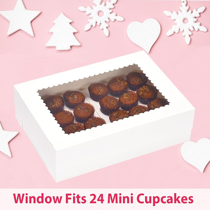 JJO Mini Cupcake Box 5 Pack,Holds 24 Mini Cupcakes,Cupcake Holder, 14x10x4 Inch White Bakery Boxes with Window for Birthday Holiday Party Bakery