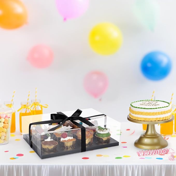 EUSOAR Cupcake Boxes, 12 Pack Black Assembly Plastic Clear Cake Containers 12 Count with Gift Ribbon, Rectangle Disposable Muffins Gift Holder Mini Cake Carrier for Wedding Party Favor Bakery