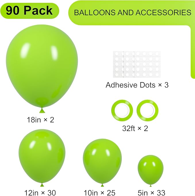Voircoloria 90pack Lime Green Balloons Different Size 18/12/10/5 Inch Lime Green Balloon Garland Arch Kit for Graduation, Wedding, Birthday, Christmas, Baby Shower, Anniversary Party Decorations