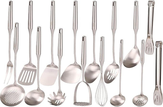 18/10 Stainless Steel Cooking Utensils Set - 16 PCS All Metal Small & Large Kitchen Spoons, Serving Utensils - Whisk, Masher, Fork, Tongs, Solid/Slotted Spoon, Spatula, Turner, Ladle, Skimmer, Pasta