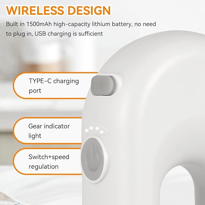 Cordless Hand Mixer, Electric Hand Whisk Portable Egg Beater Handheld Egg Beater Electric Handheld 4 Speed Adjustable Mini Hand Mixer Electric Mixer, USB Charing, 1500mah(White)
