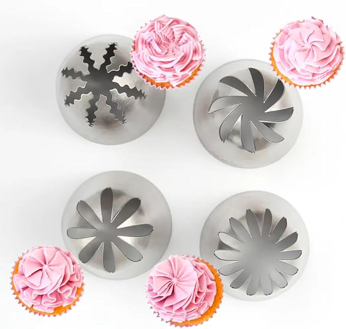 Large Cookie Piping Tips Set, 4 Stainless Steel Multi-Tooth Nozzles for Cake Decorating, Reusable Icing Tips for Cookies, Cupcakes, Korean Buttercream Flowers, Baking Supplies
