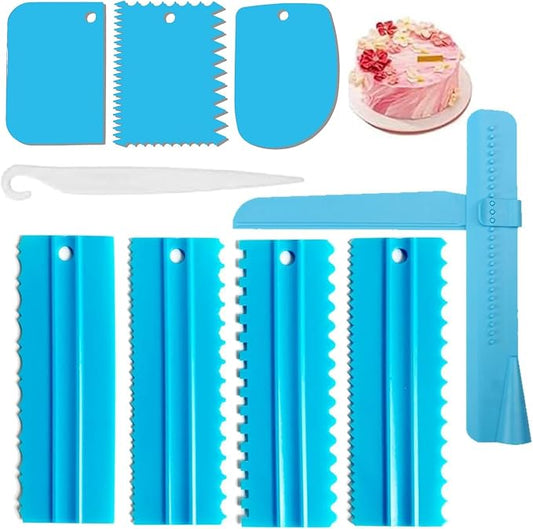 Cake Scraper Set of 9 Packs, Cake Scraper Smoother Set, Adjustable Icing Scraper Polisher Tool, Cake Decorating Comb, Icing Smoother Plastic Sawtooth Cake Icing Kitchen Baking Cake Edge (Blue)