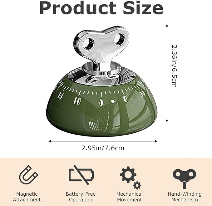 60-Minute Mechanical Timer with Loud Alarm & Strong Magnetic Back, Visual Countdown Clock for Cooking, Study, Fitness, and Classroom Use (Green)