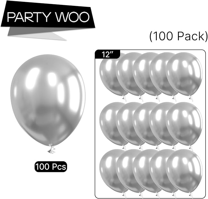 PartyWoo Silver Balloons 100pcs 12 Inch Silver Latex Helium Balloons for Birthday Wedding Anniversary Graduation Bachelorette Engagement Bridal Shower Retirement Party Decorations Silver-G102