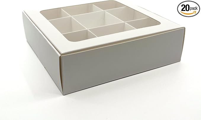 20pcs White Treat Boxes with Window and Dividers | 9 SMALL compartments | 6.5 x 6.5x 1.9 in | Chocolate-covered strawberries supplies, macaron boxes, baked goods packaging