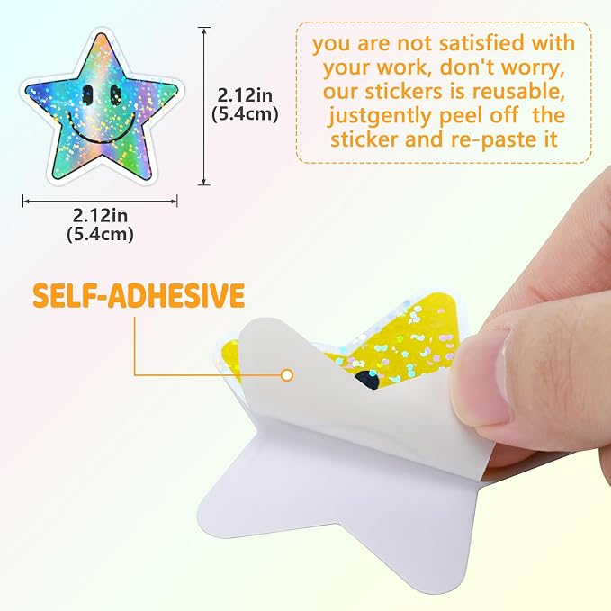 50PCS Smile Star Stickers, Glitter Stickers | Cute Water Bottle Stickers for Kids, Teaching Rewards, Notebooks, Stationery, Luggage, Cartoon PVC Smile Face Stickers