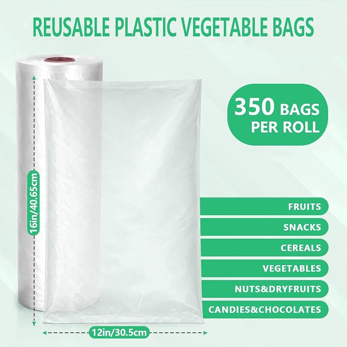 9527 Product 12" x 16" Clear Plastic Produce Bag, Food Storage Bag on a Roll, 350 Bags One Roll (2 Rolls), Freeze/Heat Clear Bag for Bread, Meat, Vegetables, Fruits