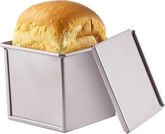 CHEFMADE Mini Pullman Loaf Pan with Lid, 0.55Lb Dough Capacity Non-Stick Rectangle Flat Toast Box for Oven Baking 4" x 4"x 3.9"(Champagne Gold)