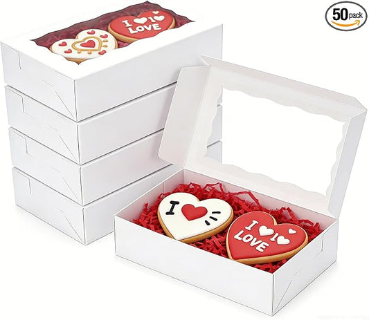 XINHPKGG 50 Pcs Cookie Boxes 7" x 4 3/8" x 1 1/2" Inch Bakery Boxes with Window Treat Box Dessert Box for Wedding Party Mother's Day - White