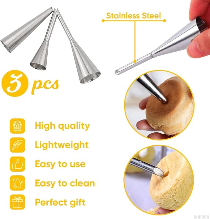 3 Pcs Filling Piping Tip Set – Easy-to-Use & Clean Stainless Steel Pastry Filling Tip for Cream Puff, Deviled Egg Piping Tool, Donut & Eclair Decoration – Different Sizes, Lightweight & Durable