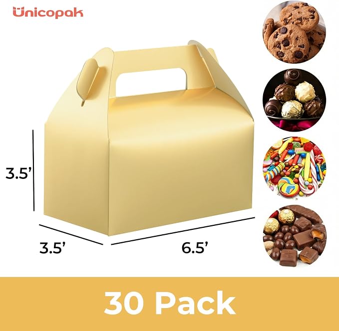 UnicoPak 30 Pack Gold Gable Treat Boxes, Party Favor Boxes, Gift Boxes for Kids, for Snacks, Candy, Toys, Birthday Party, Wedding, Halloween, Christmas – 6.5x3.5x3.5 Inches