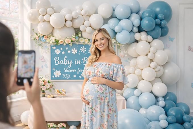 Baby in Bloom Balloon Arch Kit 144pcs Dusty Blue Baby Boy Baby Shower Mom to be Boho Floral Wildflower Party Decorations (Blue)