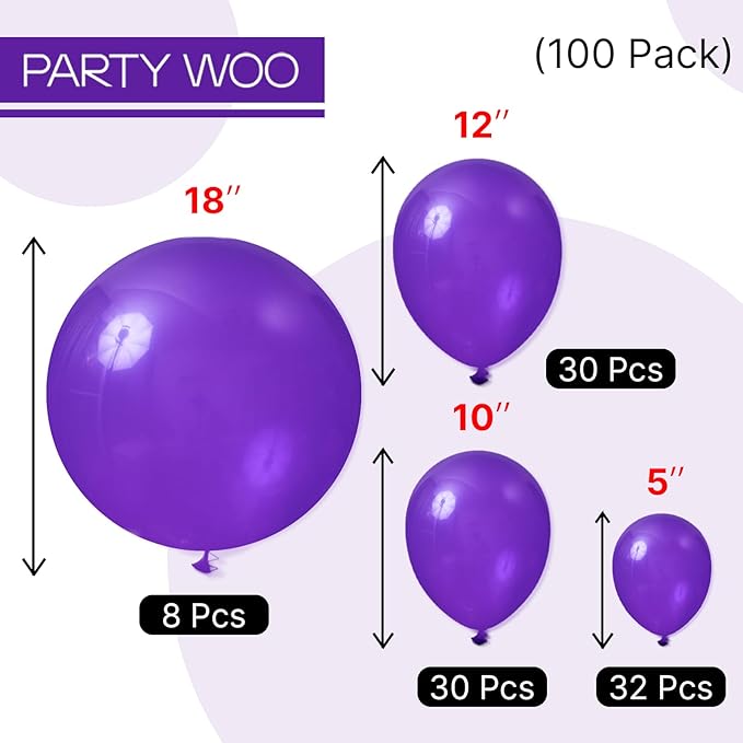 PartyWoo Dark Purple Balloons 100pcs Different Sizes of 18 12 10 5 Inch Royal Purple Balloon Arch Kit Garland for Birthday Baby Shower Graduation Anniversary Bachelorette Party Decorations Purple-Y16