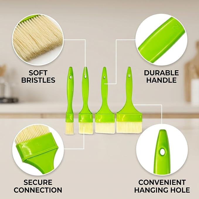 4 Piece Basting Brush Set, Bristle Basting Brushes, Kitchen Brushes for Basting, Pastry, Egg Wash, and Butter Cooking and Baking