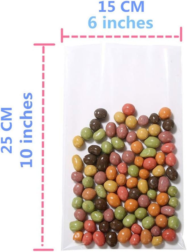 Brandon-super 100 Pcs 10x6 Inch Clear Flat Cello Cellophane Treat Bags Good for Bakery, Popcorn, Cookies, Candies, Dessert. Metallic Twist Ties!