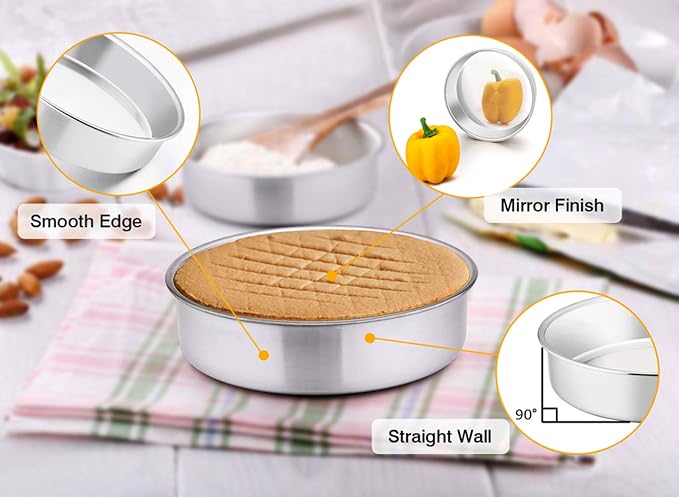 TeamFar 8 Inch Cake Pan, 3 Pcs Round Cake Pan Tier Cake Pan Set Stainless Steel, Healthy & Heavy Duty, Mirror Finish & Easy Clean, Dishwasher Safe