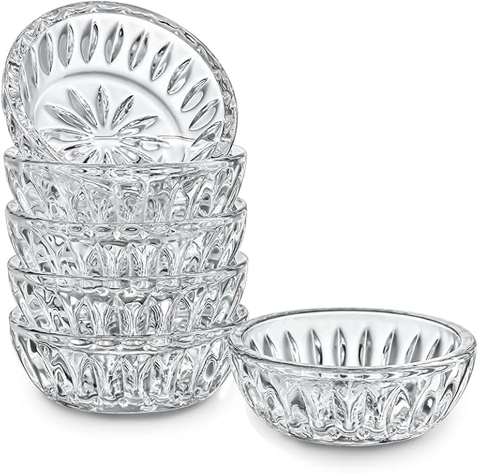 kanpura Mini Glass Bowls, Round Prep Bowl, Dishwasher Safe, Pinch Bowls for Dipping Spices Sauce, Stackable, 2 oz, Set of 6, (Clear)