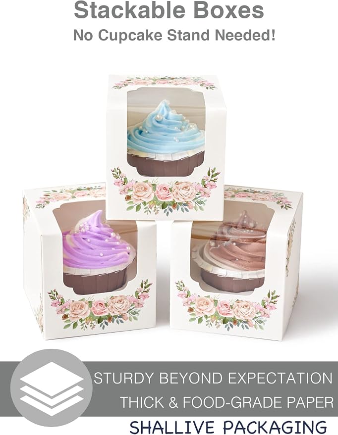 Cupcake Boxes for Mothers Day with Window and Inserts, Pre-assembled 15 Count White Cupcake Containers Individual for Mother's Day 3.5" x 3.5" x 3.5"