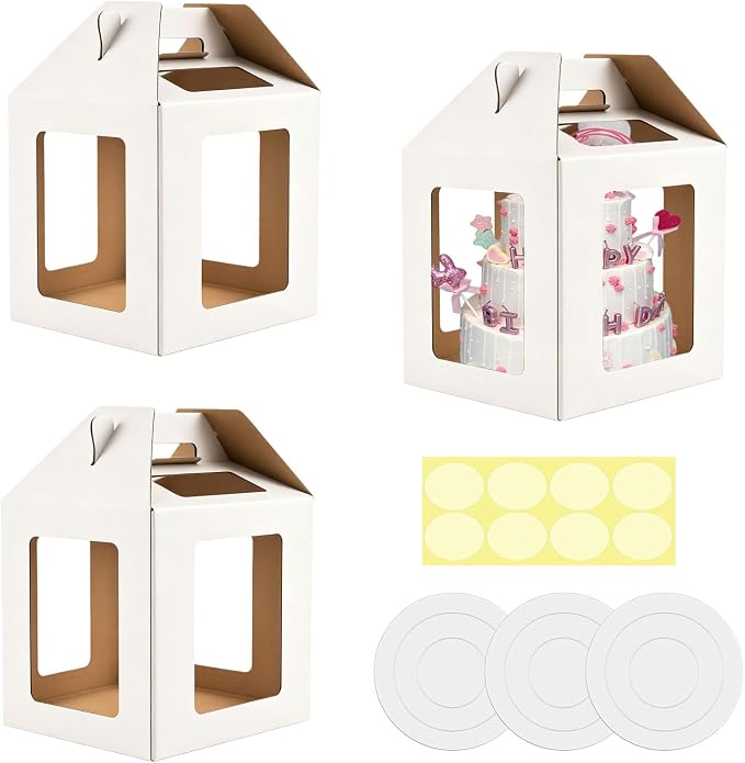 Cake Boxes - 3 Pack Tall Cake Box 12x12x14 Inch | Disposable Layer Carrier with 6 Window Large Tierd Cake Out Transport Containers with Handle for Wedding, Birthday, Party